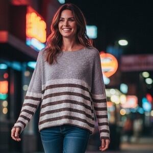 Tommy Bahama Sweater Women M Gray Striped Linen Cotton Knit Pullover Boatneck